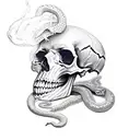 skull with ruby eyes with snake wrapping around it and smoke billowing all around it tattoo design idea