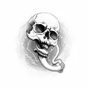 skull with ruby eyes with snake wrapping around it and smoke billowing all around it tattoo design idea