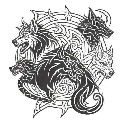 Fenrir, Thor, hela and Odin for an arm tattoo design idea