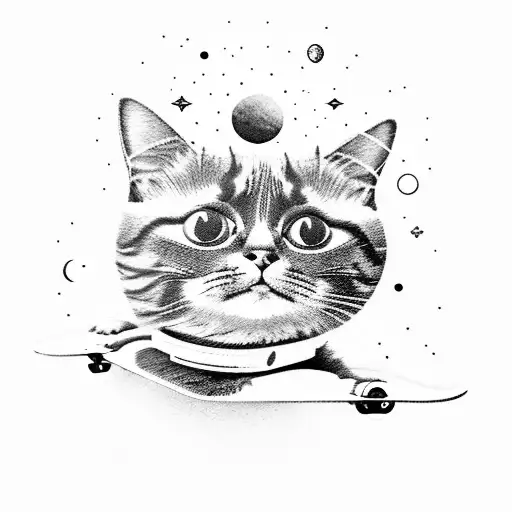 A cat riding a skateboard with a futuristic alien landscape in the background tattoo design idea