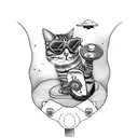 A cat wearing a leather jacket and sunglasses, holding a skateboard with an alien spaceship in the sky tattoo design idea