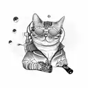 A cat wearing a leather jacket and sunglasses, holding a skateboard with an alien spaceship in the sky tattoo design idea