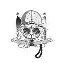 A cat wearing a leather jacket and sunglasses, holding a skateboard with an alien spaceship in the sky tattoo design idea