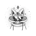 A cat wearing a leather jacket and sunglasses, holding a skateboard with an alien spaceship in the sky tattoo design idea