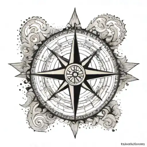 A minimalist dotwork tattoo of a compass rose with subtle Norse runes hidden within the design, symbolizing your passion for exploration and discovery tattoo design idea