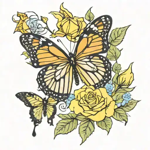 monarch butterfly and blue morpho butterfly surrounded by yellow roses tattoo design idea