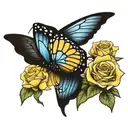 monarch butterfly and blue morphs butterfly surrounded by yellow roses tattoo design idea
