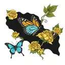 monarch butterfly and blue morphs butterfly surrounded by yellow roses tattoo design idea