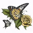monarch butterfly and blue morphs butterfly surrounded by yellow roses tattoo design idea