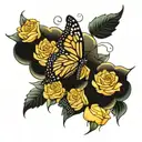 monarch butterfly and blue morphs butterfly surrounded by yellow roses tattoo design idea