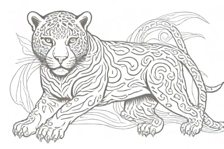 Motif: A jaguar, designed in the style of traditional Asian, especially Thai, tiger tattoos. Color: Black tattoo design idea