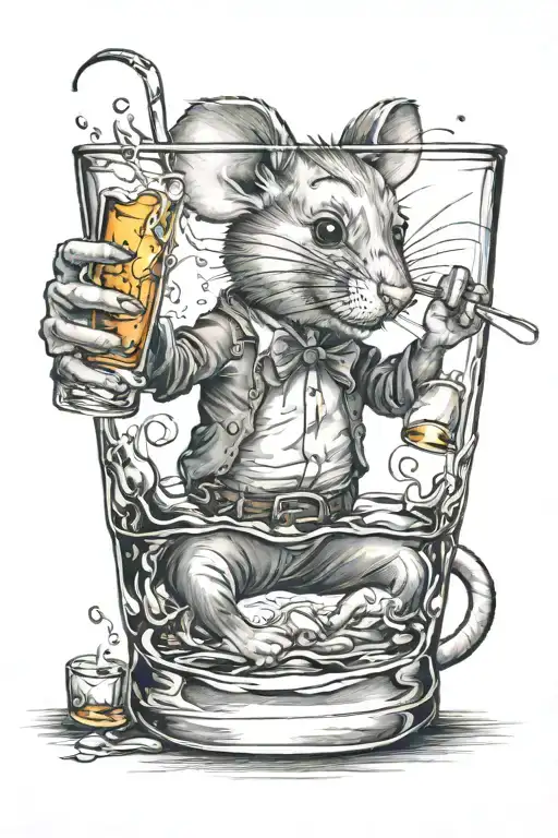 jerry mouse drinking whiskey while in a glass of whiskey tattoo design idea