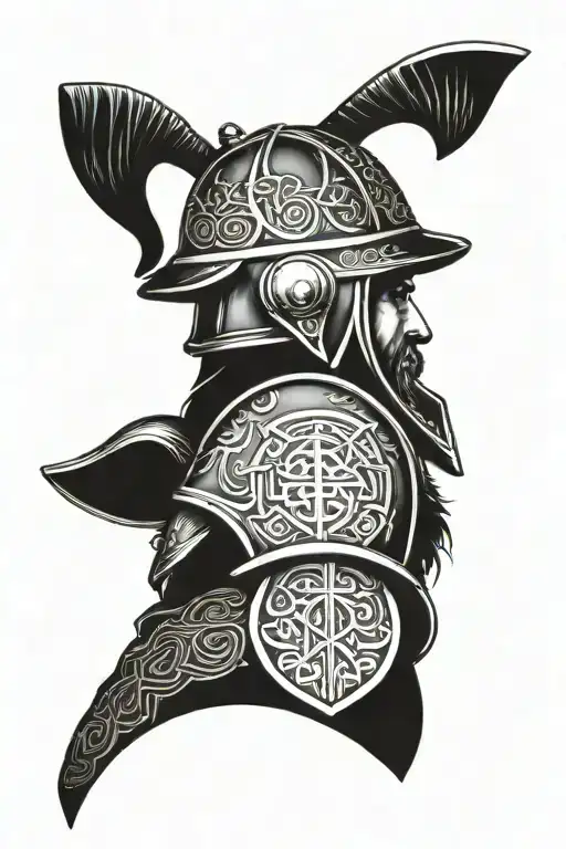 A nordic firefighter with a helmet adorned with viking runes tattoo design idea