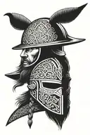 A nordic firefighter with a helmet adorned with viking runes tattoo design idea