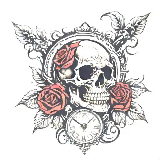 skull rose clock smile sad dark red tattoo design idea
