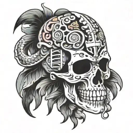 mayan Quetzal skull tattoo design idea