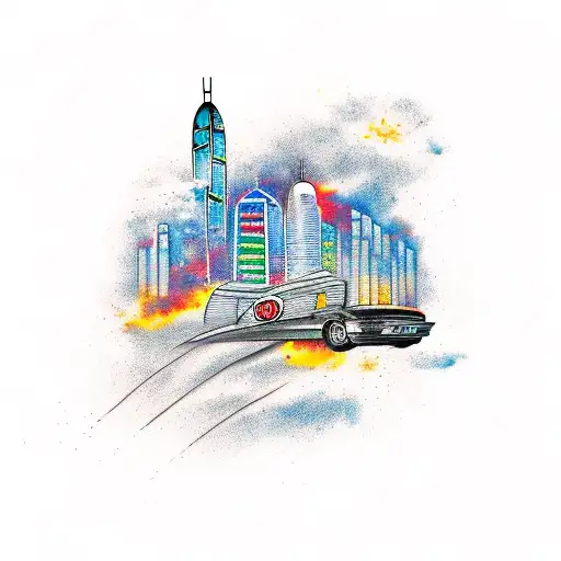 Hong kong skyline with rocket league car flying over with an explosion behind tattoo design idea