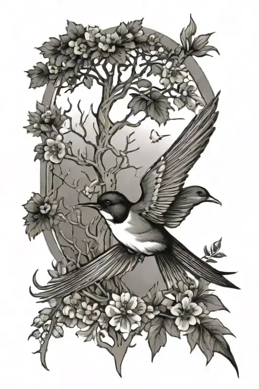 swallow and tree and animals tattoo design idea