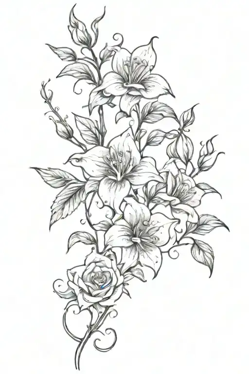 A thin compact dainty spine tattoo of roses and lillies with their stems attached to a straight vertical vine tattoo design idea