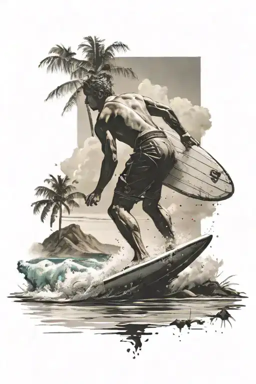 beach landscape in the background with surfer lifting his board tattoo design idea
