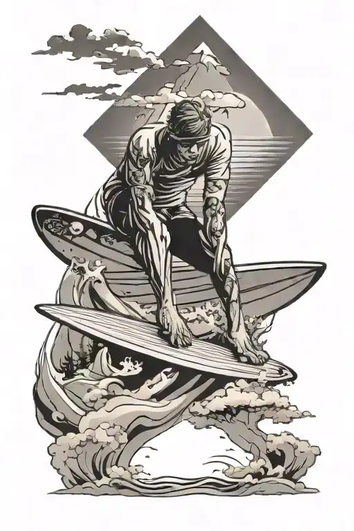 beach landscape in the background with surfer lifting his board tattoo design idea