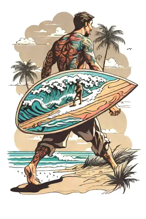 beach landscape in the background with surfer lifting his board tattoo design idea