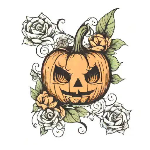 small pumpkin surrounded with flowers tattoo design idea
