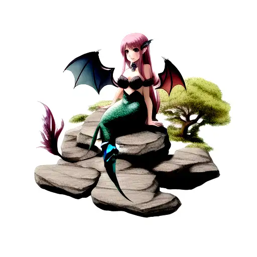 mermaid with dragon wings sitting on a rock tattoo design idea