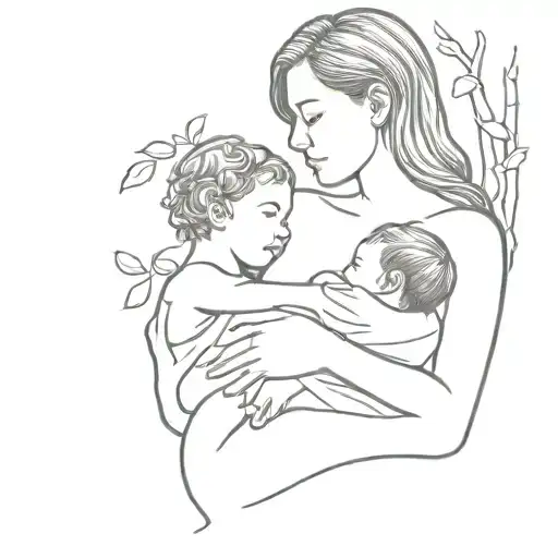 Portrait of a mother breastfeeding her child under a tree canopy tattoo design idea