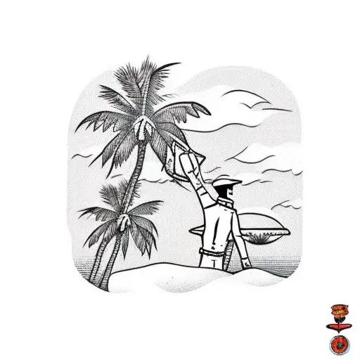 A traditional style tattoo of a prison guard holding a taco truck on their shoulder, with a backdrop of a beach, palm trees, and the sun tattoo design idea