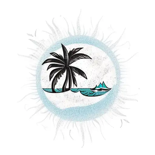 A new-school style tattoo of a palm tree with the sun setting behind it, surrounded by a border of tacos and waves crashing on the beach tattoo design idea