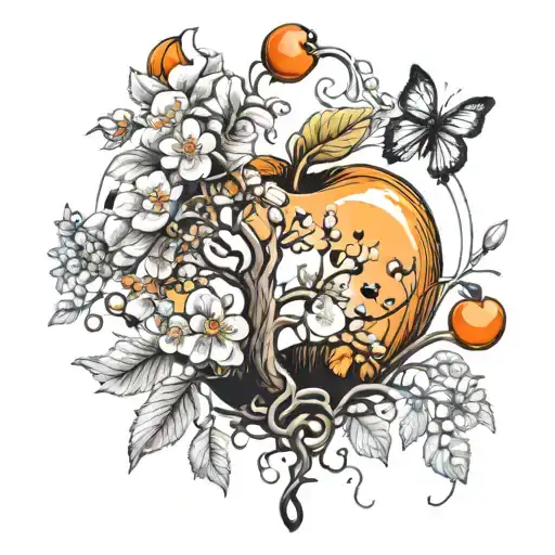 apple blossom, orange poppy flower, tree of life and Mickey Mouse ears tattoo design idea