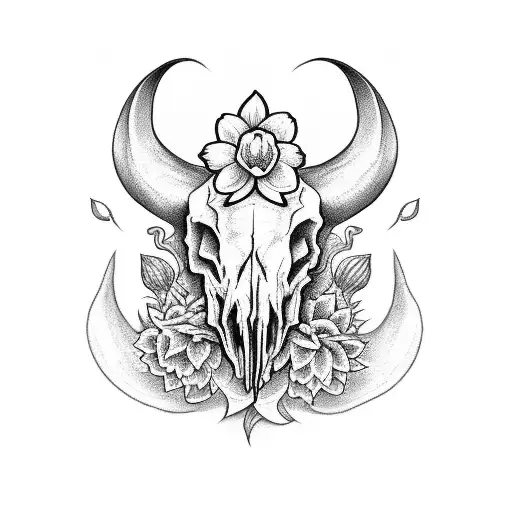 sleeve tattoo showing ram skull in front of daffodil flowers with shading in grayscale tattoo design idea