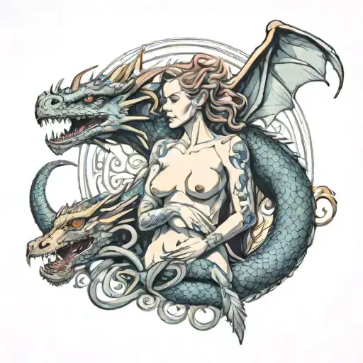 nude woman with dragon flying tattoo design idea