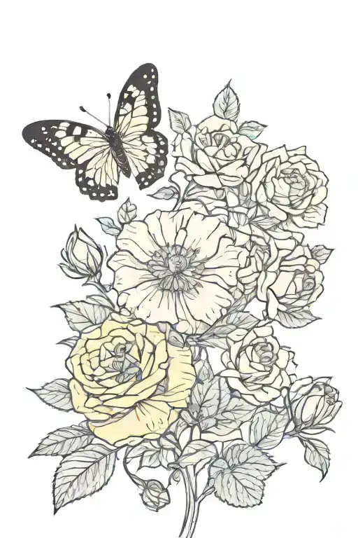 butter fly and one singular small rose blooming flowers tattoo design idea