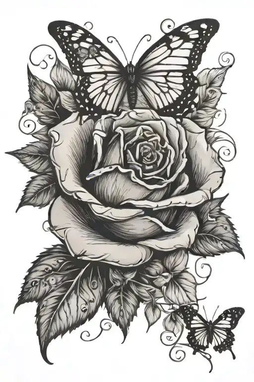 one single rose with butterflies and vines tattoo design idea