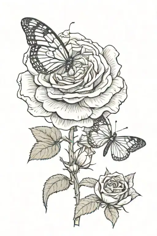 butter fly and one singular rose blooming tattoo design idea