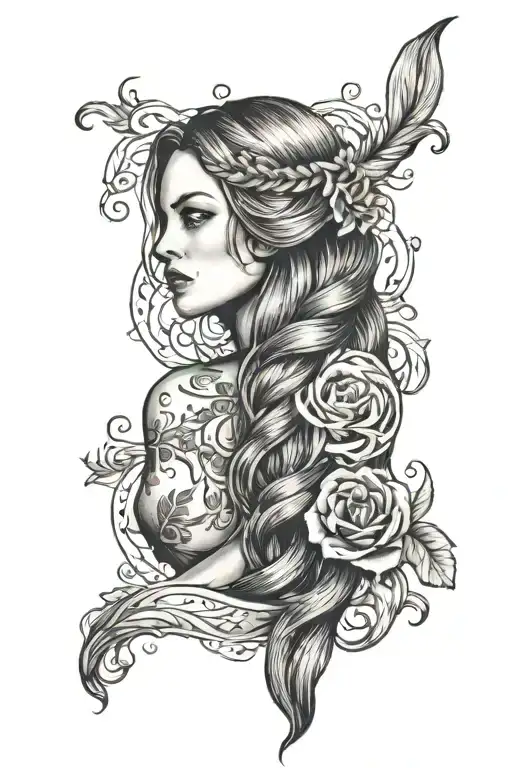  A sleeve featuring a young woman representing the Virgo zodiac sign, with long hair styled into a beautiful thick braid tattoo design idea