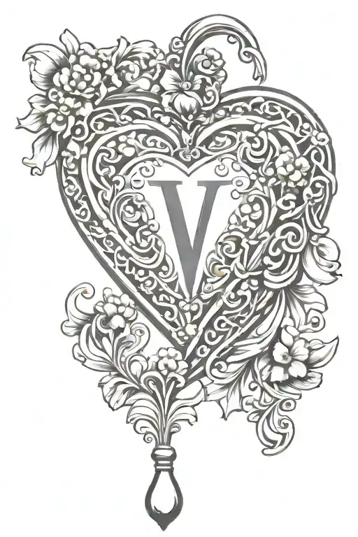 Letter "V" with a heart shaped locket tattoo design idea