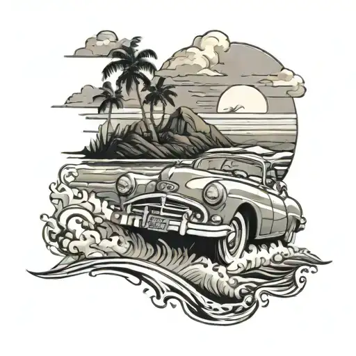 A vintage car driving along a coastal road with waves crashing in the background tattoo design idea