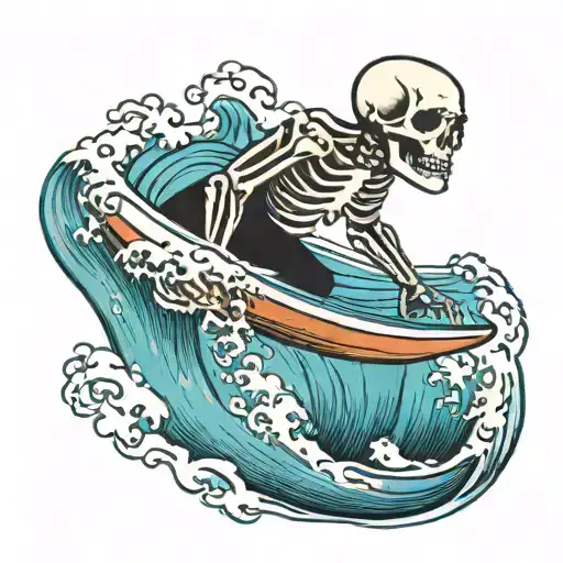 ocean waves with skeleton surfing wave tattoo design idea