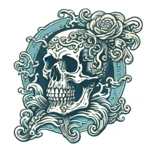 ocean waves with skeleton hand holding tattoo design idea