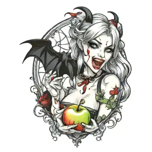 Sexy vampire girl eating apple tattoo design idea