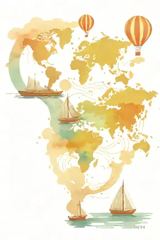 world map, waterfall, airplane, train, hot air balloon, ship, car on road, super moon, night sky, mountains, kayak tattoo design idea