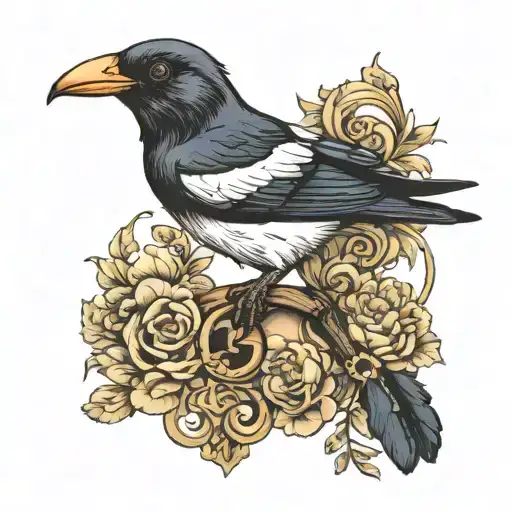 magpie holding a key tattoo design idea