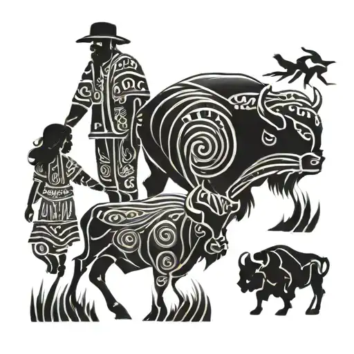 Kansas theme with Buffalo and a father holding hands with his sons  tattoo design idea