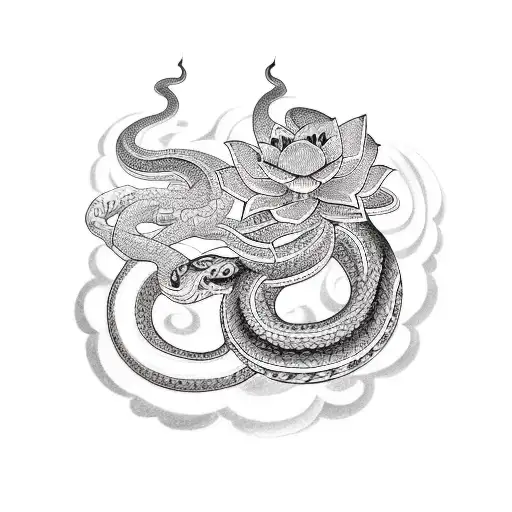 Snake with Lotus flowers Hinduism tattoo design idea