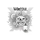 cartoon computer with text: work less, smile more tattoo design idea