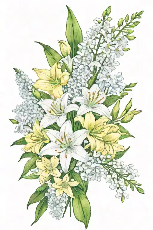 flower bouquet of lillie's,roses, orchids, snowdrops,carnations tattoo design idea