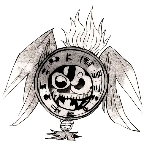 A black-grey tattoo featuring iconic symbols from One Piece and Bleach and Soul Eater and Fairy Tail tattoo design idea